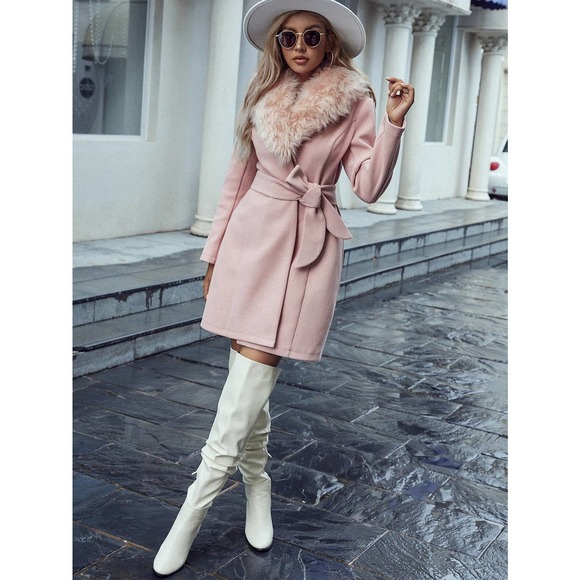 glam Contrast Fuzzy Collar Belted Overcoat pea coat peacoat pink  long line - Picture 6 of 9